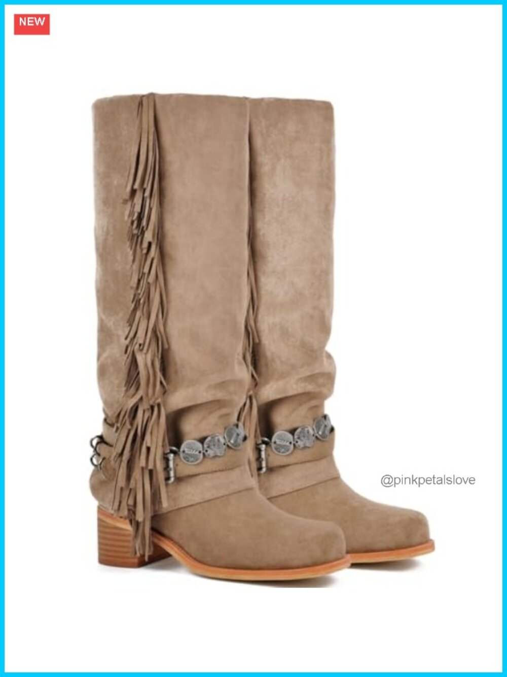Knee High Riding Boots Fringe Buckle Straps Chunky Heel Square Toe